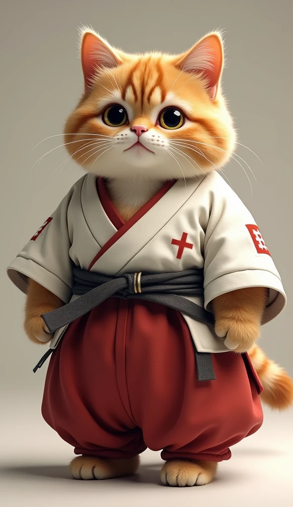 Photorealistic, 64K, A cute fat cat wearing a [kenshin himura costume], standing up,