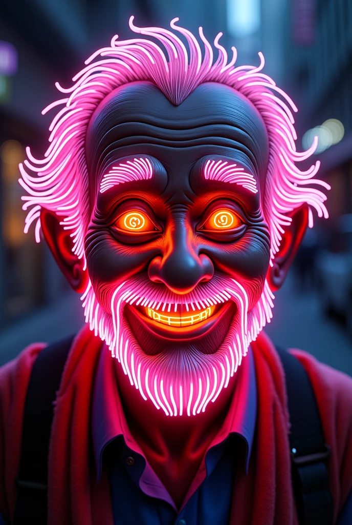 Front view of Junichi Kato's neon sign depicting a smiling old man