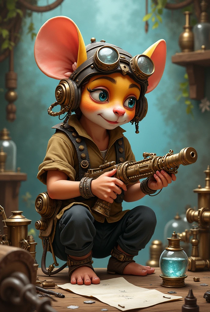 man in a brown shirt and black pants working on a mechanical water gun, style of jean baptiste monge, jean baptiste monge, elfpunk, inspired by Jean-Baptiste Monge, full color illustration, gnome artificer, steampunk concept art, by Todd Lockwood, steampunk art, cyberpunk mouse folk engineer