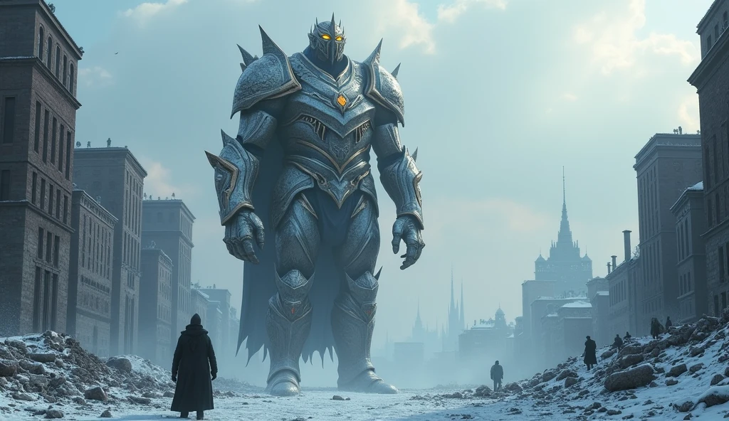 Close up of A Nordic god with shiny armor and golden eyes, as tall as a ten stories building, stands at road of a snowy ruined city in europe, silhouettes of small people standing on the rooftop of a building beside him, looking at the god.
