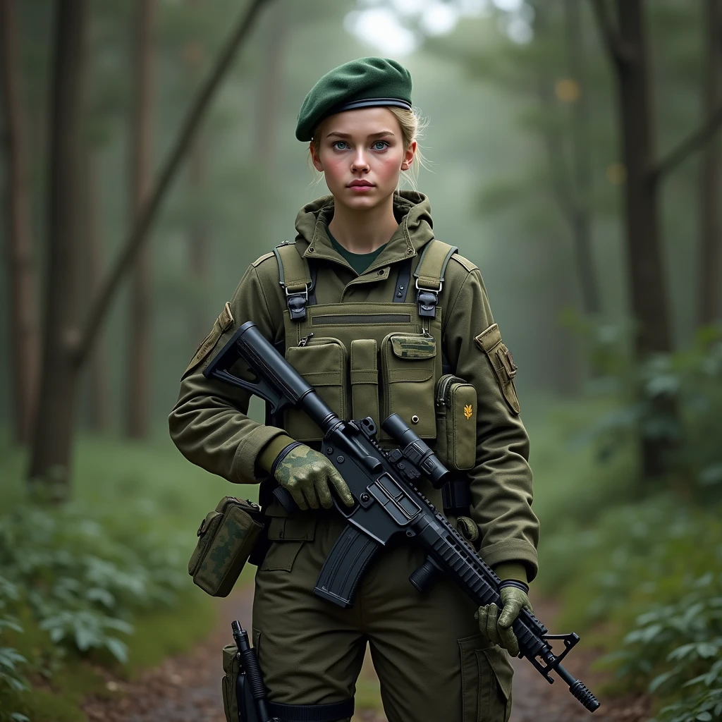 Front view, whole body, Are standing, View your viewers,  one woman is a Danish princess, White women ,Year: 20-year-old,  Blonde,  Hair Bun, Detailed blue eyes,A small smile,((( Denmark military Camouflaged uniform set:1.3))),  (Camouflaged glove:1.3), (((Green Beret))), equipped with two pistols, In combat, Realistic uniforms, fit, Chest protection, US military, Camouflaged, American Putter, American patch bulletproof vest, covered skin, Bulletproof vest, arms, gun, (((assault rifle M4a1, M4A1 Topol, Are standing))), Enter the battlefield, forest,  Accurate, Anatomically correct, Textured skin, Super Detail, Attention to detail, high quality, 最high quality, 4K,