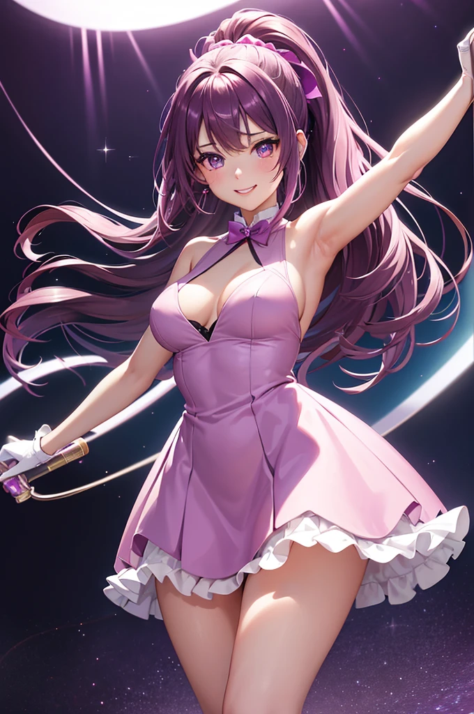 A beautiful girl in a purple dress holding a stick on a skating rink, anime girl, purple skating dress, (Figure skating purple dress costume woman), Slender Line, Looks like a model, Skating Rink, Photo 1 seen from below:1, pink panties, short white gloves, white stockings, big rounds breasts, dark brown hair, long bangs, long hair, ponytail, wavy hair, shiny hair, french braid, magenta hair ribbon, hair butterfly, jewelry, aqua eyes, glowing eyes, pupils sparkling, earrings, smile, blush, red lips, glossy lips, upper teeth, high detail, anime, anime style, cinematic lighting, dithering, image fill, character chart, multiple views, cinematic lighting, vanishing point, perspective, panorama, Wide-Angle, f/1.8, 85mm, Nikon, 8k, super detail, UHD, retina, masterpiece, accurate, anatomically correct, textured skin, high details, best quality, highres, 16k