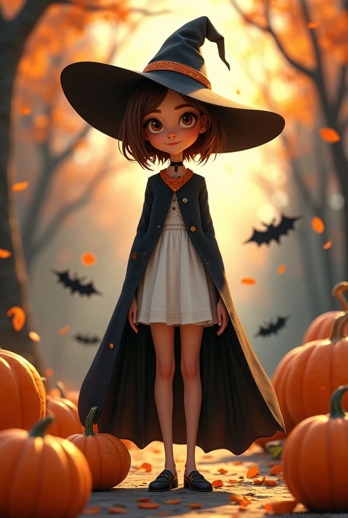 Disney Pixar style cover of a tall woman, slim, white tea, short, very short light brown hair, big brown eyes dressed as a witch on Halloween