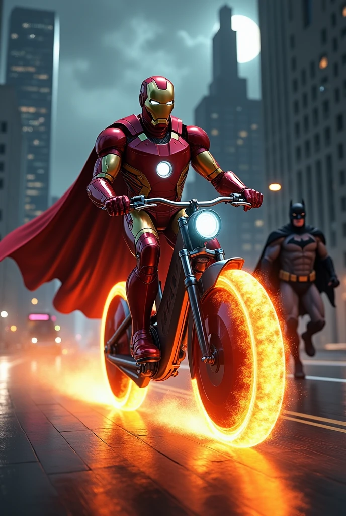 Iron man riding a bike, fire on the wheels at night ,batman chasing him from back 
