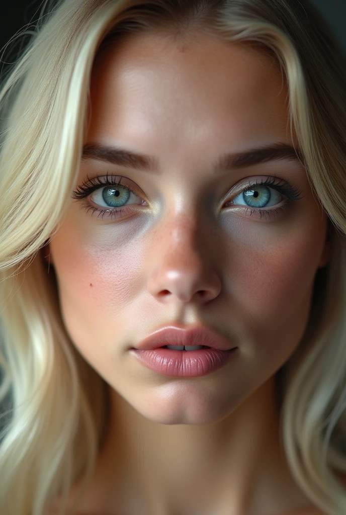 Belle blonde metise aux yeux bleu âgé entre 18 et 25 ans avec une bouche hyper realist et regardant droit la caméra
