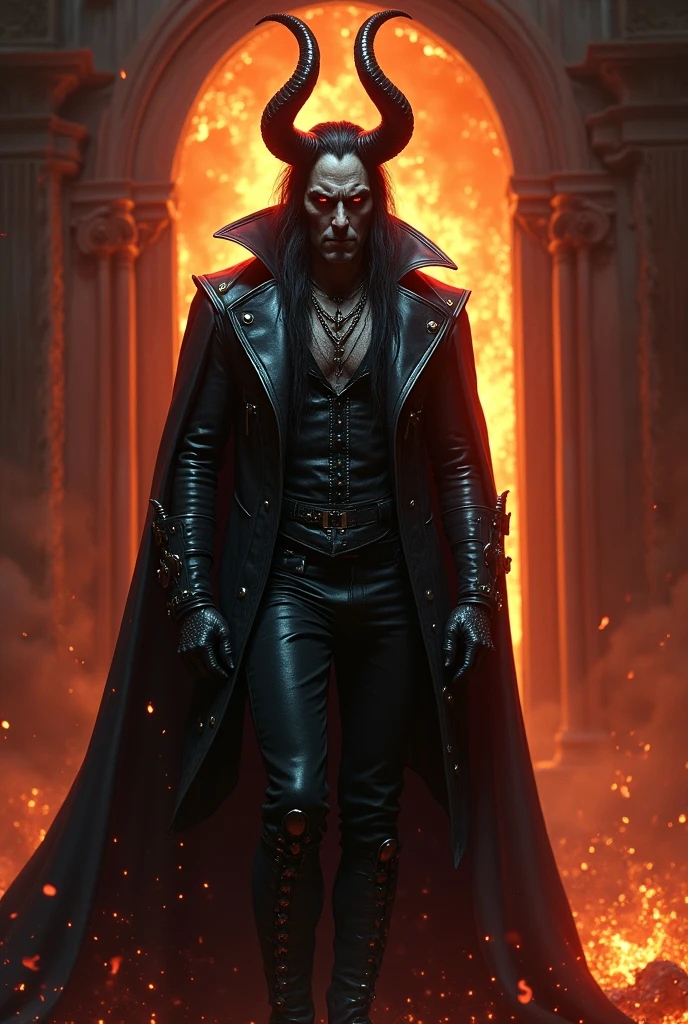 Satanás Rock and roll in the doors of hell, black leather suit 3D effect, photorealism, hyper realism, detailed face and body, eyes Expressive, , professional ominous concept art, by artgerm and greg rutkowski, an intricate, elegant, highly detailed digital painting, concept art, smooth, sharp focus, illustration, in the style of simon stalenhag, wayne barlowe, and igor kieryluk.