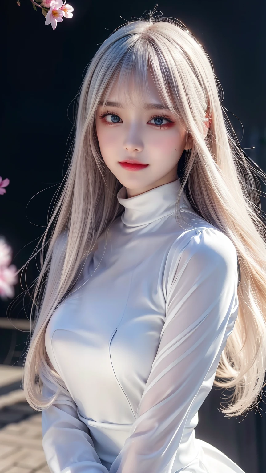 ((From the waist up))((masterpiece:1.5、8k、Portraiture、Photorealistic and highly detailed CGI、Very detailed、Particle Effects、Dynamic Effects、Written boundary depth、Cinematic Light、Lens flare、Ray Tracing、Tabletop、Realistic:1.4、Ultra-high resolution:1.2、Realistic、Realistic))((alone、,Woman in turtleneck dress:1.4、Model-like pose:、Side bust、Ample breasts、Detailed face、brightexpression、young, bright, Whiter skin、Best Looks、Ultimate beauty、White hair with glossy highlights:1.8、bright and shiny hair,、Super long, Silky straight hair、Hair swaying in the wind))(Wonderful transparent flowers々Surrounded by、White Background、Great background、Delicate petals fluttering down)