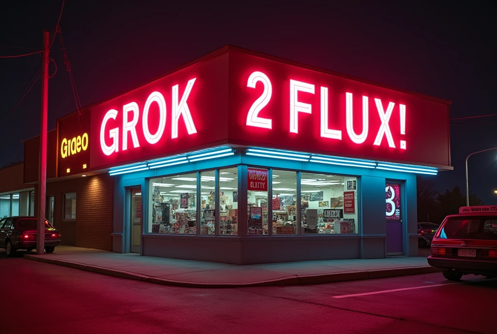 A 1980s Video store with a large neon sign with text that reads "GROK 2 FLUX!"