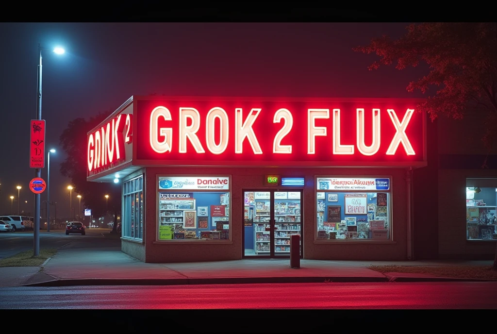 A 1980s Video store with a large neon sign with text that reads "GROK 2 FLUX!"