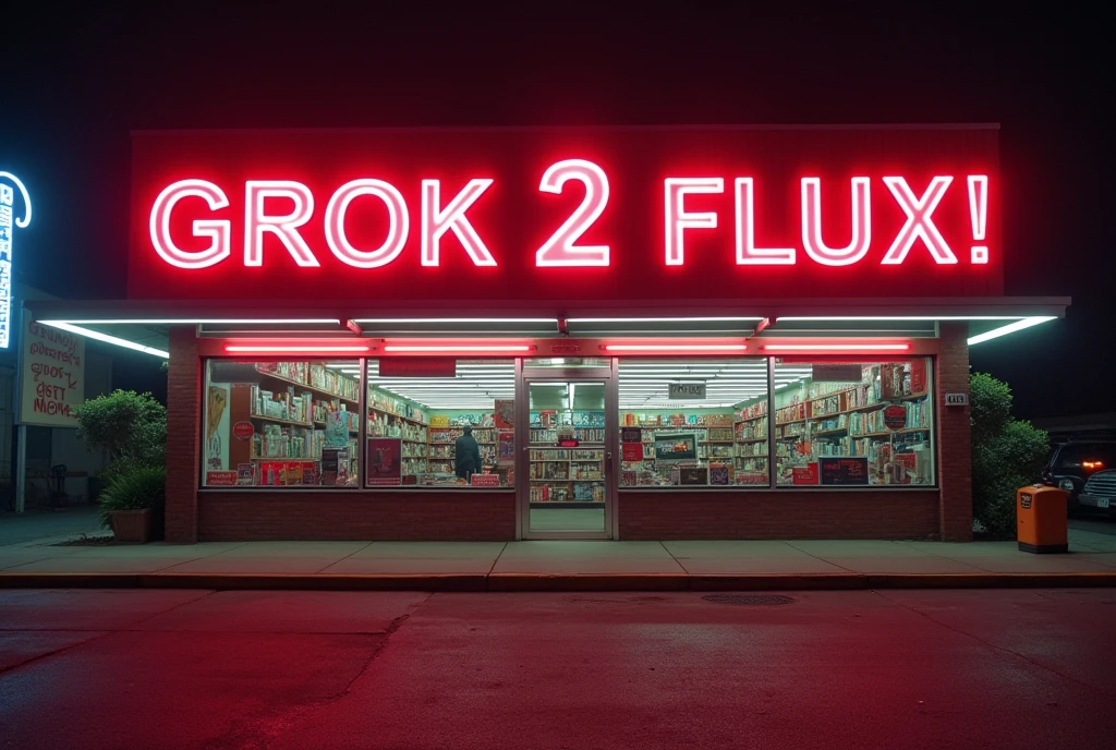 A 1980s Video store with a large neon sign with text that reads "GROK 2 FLUX!"