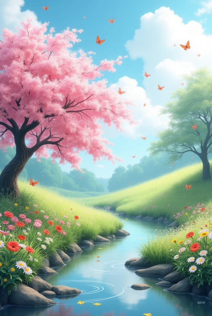 Étiquette format paysage avec un cerisier japonais, un cours d'eau, une prairie fleurie et des insectes