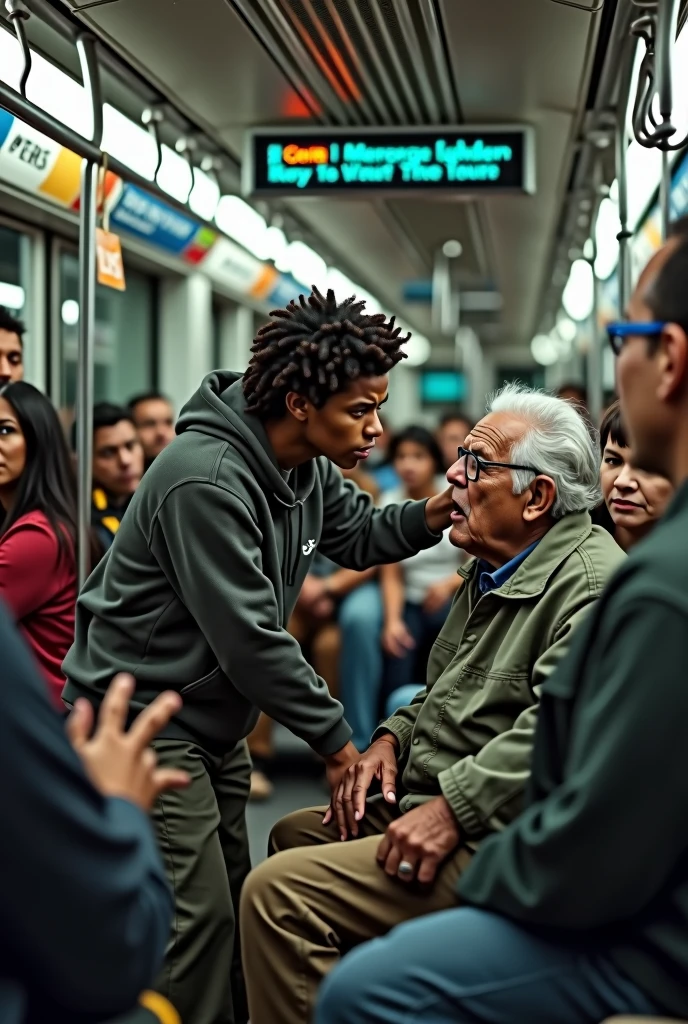 Create an image of a person rapping on public transport, harassing an elderly person