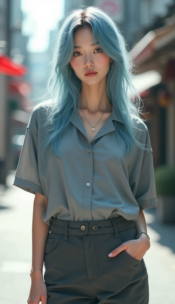 Highest quality, Very detailed, masterpiece, 1 person,Japanese women,(((Perfect female body))),Very beautiful face, Very beautiful body,Gentle expression, Very beautiful eyes,(Perfect Makeup:1.1),Fashion Model,Korean Fashion,Long Hair,Shaggy hair,Light blue hair:1.3, Big Breasts、Smart Abs,Monotone big size short sleeve shirt,Ankle Pants,necklace,anklet,Elegant pumps,A kind smile,Full body portrait,(Street background:1.3), (Glowing Skin),(Earrings),