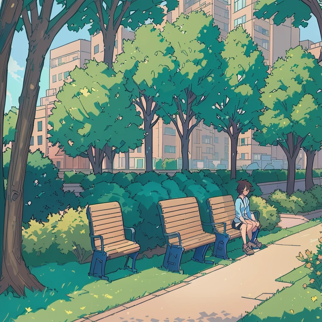 there is a woman sitting on a bench in a park, park background, sitting on a park bench, in style of makoto shinkai, anime background art, anime scenery concept art, in a city park, makoto shinkai style, sitting on a bench, benches, park in background, style of makoto shinkai, makoto shinkai art style