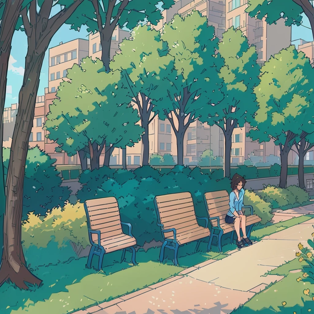 there is a woman sitting on a bench in a park, park background, sitting on a park bench, in style of makoto shinkai, anime background art, anime scenery concept art, in a city park, makoto shinkai style, sitting on a bench, benches, park in background, style of makoto shinkai, makoto shinkai art style