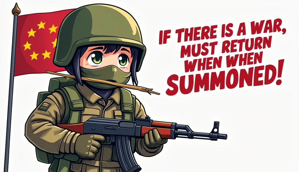 (The background is transparent)(There is a complete one)(On the left is the five-star red flag) (A cartoon character in camouflage military uniform holding an AK47 submachine gun in his right hand,Camouflage on the face,Holding a reed in his mouth)(slogan:"If there is a war,Must return when summoned!",The font must be strong and powerful)(The whole picture looks very loving.)