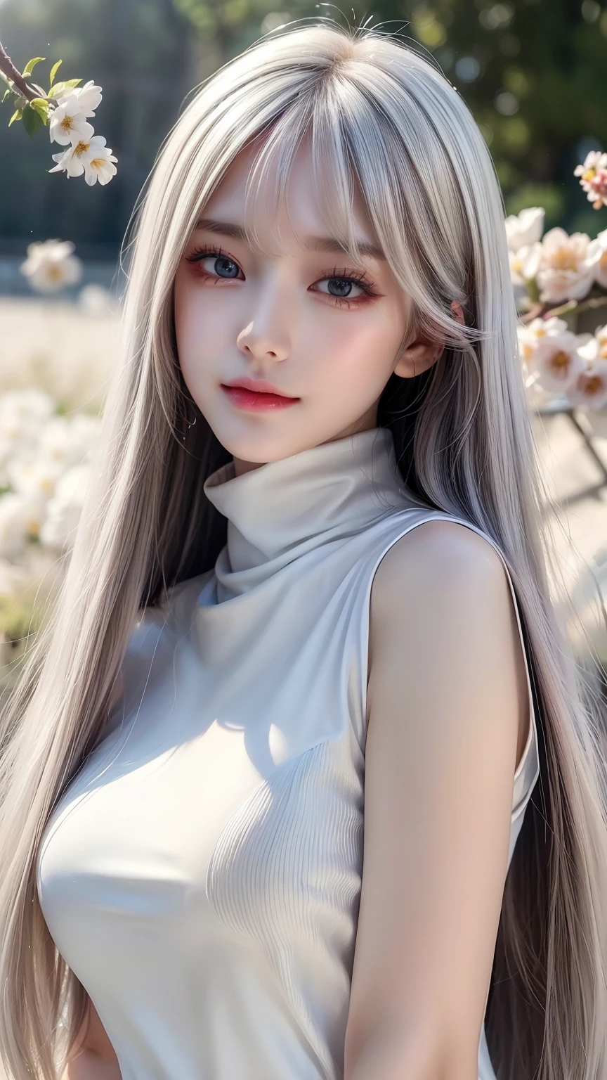 ((From the waist up))((masterpiece:1.5、8k、Portraiture、Photorealistic and highly detailed CGI、Very detailed、Particle Effects、Dynamic Effects、Written boundary depth、Cinematic Light、Lens flare、Ray Tracing、Tabletop、Realistic:1.4、Ultra-high resolution:1.2、Realistic、Realistic))((alone、,Woman in turtleneck dress:1.4、Model-like pose:、Side bust、Ample breasts、Detailed face、brightexpression、young, bright, Whiter skin、Best Looks、Ultimate beauty、White hair with glossy highlights:1.8、bright and shiny hair,、Super long, Silky straight hair、Hair swaying in the wind))(Wonderful transparent flowers々Surrounded by、White Background、Great background、Delicate petals fluttering down)