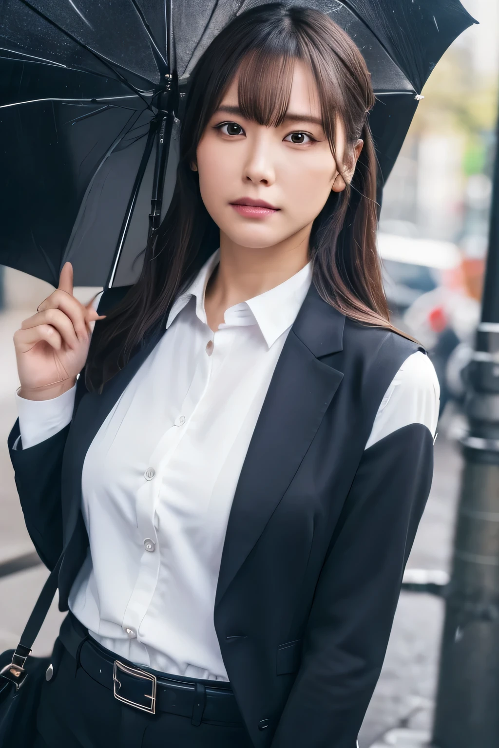 a woman in a suit, belt, hands behind back, sweating, suspenders, black pants, sexy, large breasts, see-through clothing, rain, heavy rain, detective, office worker, white button-up shirt, (best quality,4k,8k,highres,masterpiece:1.2),ultra-detailed,(realistic,photorealistic,photo-realistic:1.37),hyper-detailed,highly detailed face and body, スレンダー 細い サスペンダー 大きい胸 透けたシャツ