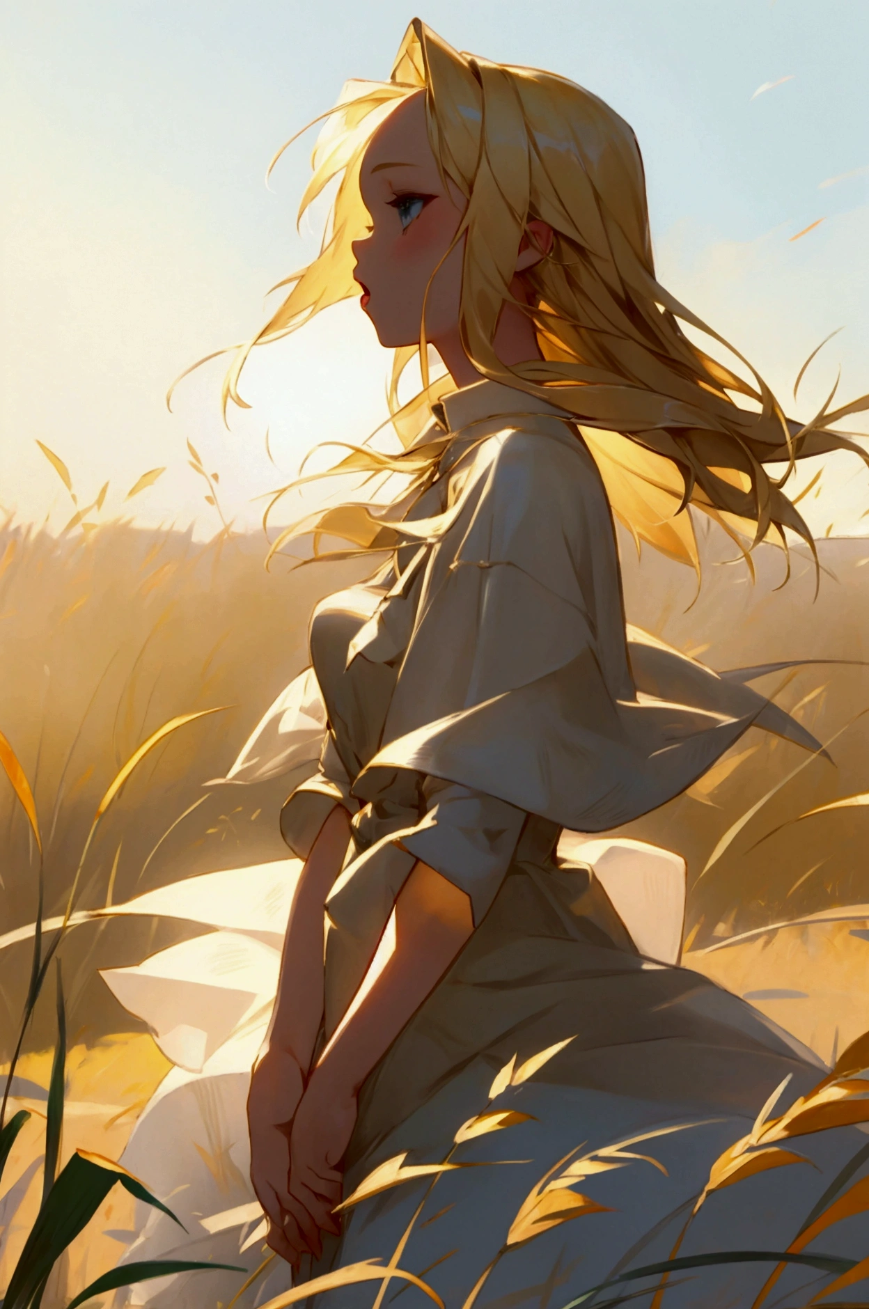 A blonde beauty singing, prairie, soft sunlight