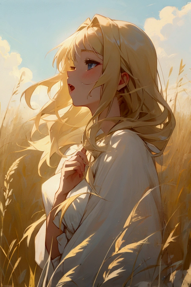 A blonde beauty singing, prairie, soft sunlight