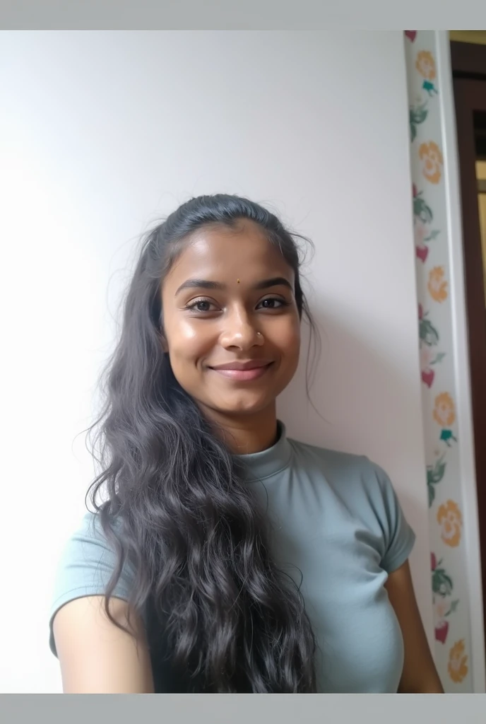 indian 23 years old Lady, Dark Brown skintone, almond eyes, simple glasses, High ponytail, sage high neck shirt, simple spectacles, Arched sharp eyebrows, simple upside down smile with mouth corner dimples, No bindi, photorealistic, potrait
