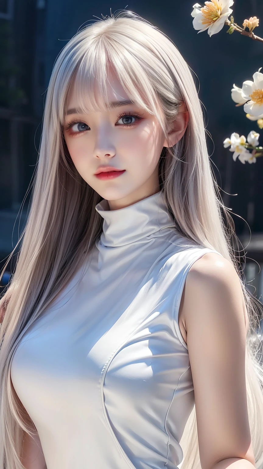 ((From the waist up))((masterpiece:1.5、8k、Portraiture、Photorealistic and highly detailed CGI、Very detailed、Particle Effects、Dynamic Effects、Written boundary depth、Cinematic Light、Lens flare、Ray Tracing、Tabletop、Realistic:1.4、Ultra-high resolution:1.2、Realistic、Realistic))((alone、,Woman in turtleneck dress:1.4、Model-like pose:、Side bust、Ample breasts、Detailed face、brightexpression、young, bright, Whiter skin、Best Looks、Ultimate beauty、White hair with glossy highlights:1.8、bright and shiny hair,、Super long, Silky straight hair、Hair swaying in the wind))(Wonderful transparent flowers々Surrounded by、White Background、Great background、Delicate petals fluttering down)