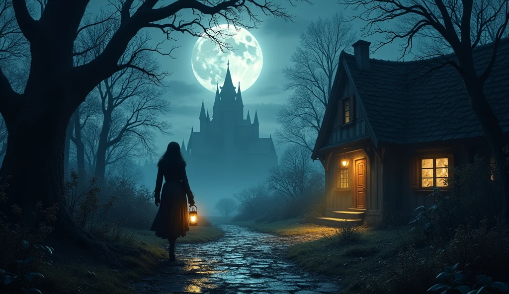 A cold autumn night with a full moon shining over a dense, eerie forest. Elara, holding a lantern, sneaks out of her cottage, careful not to wake anyone. The path she takes leads through the dark, misty woods toward a shadowy, ancient castle.