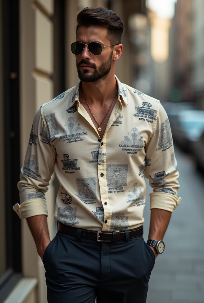 Man wearing shirts luxury brand name me show tag line live in style