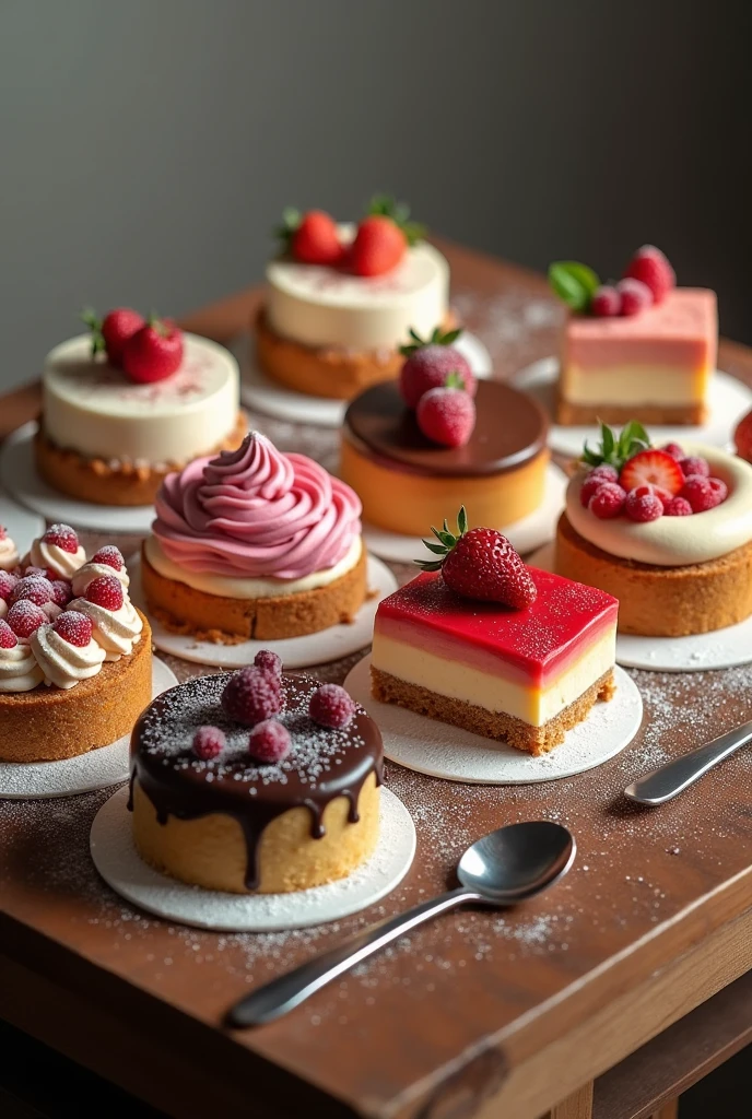 Create a picture of a table with 10 cakes and 10 spoons.