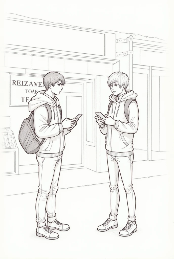 Draw a pencil drawing of two person standing opposite  with mobile
out side local tea shop with news paper
