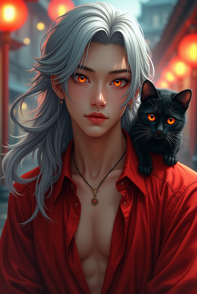 ((best quality)), (detailed), Beautiful Chinese man, long grey hair, orange eyes, red dress shirt, cool eyes, long eyes, biceps, put a black cat on your shoulder, cyberpunk background