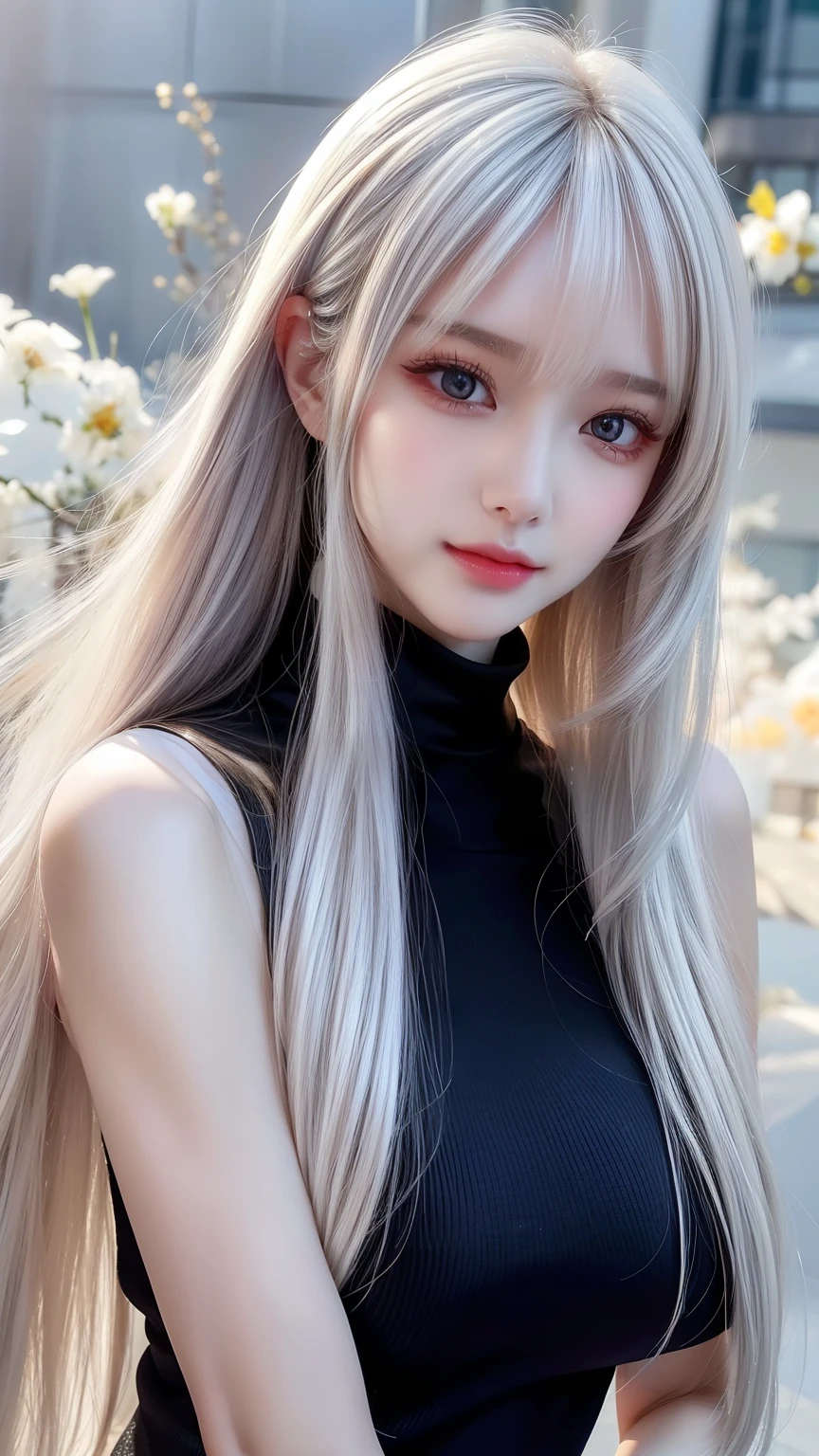((From the waist up))((masterpiece:1.5、8k、Portraiture、Photorealistic and highly detailed CGI、Very detailed、Particle Effects、Dynamic Effects、Written boundary depth、Cinematic Light、Lens flare、Ray Tracing、Tabletop、Realistic:1.4、Ultra-high resolution:1.2、Realistic、Realistic))((alone、,Woman in turtleneck dress:1.4、Model-like pose:、Side bust、Ample breasts、Detailed face、brightexpression、young, bright, Whiter skin、Best Looks、Ultimate beauty、White hair with glossy highlights:1.8、bright and shiny hair,、Super long, Silky straight hair、Hair swaying in the wind))(Wonderful transparent flowers々Surrounded by、White Background、Great background、Delicate petals fluttering down)