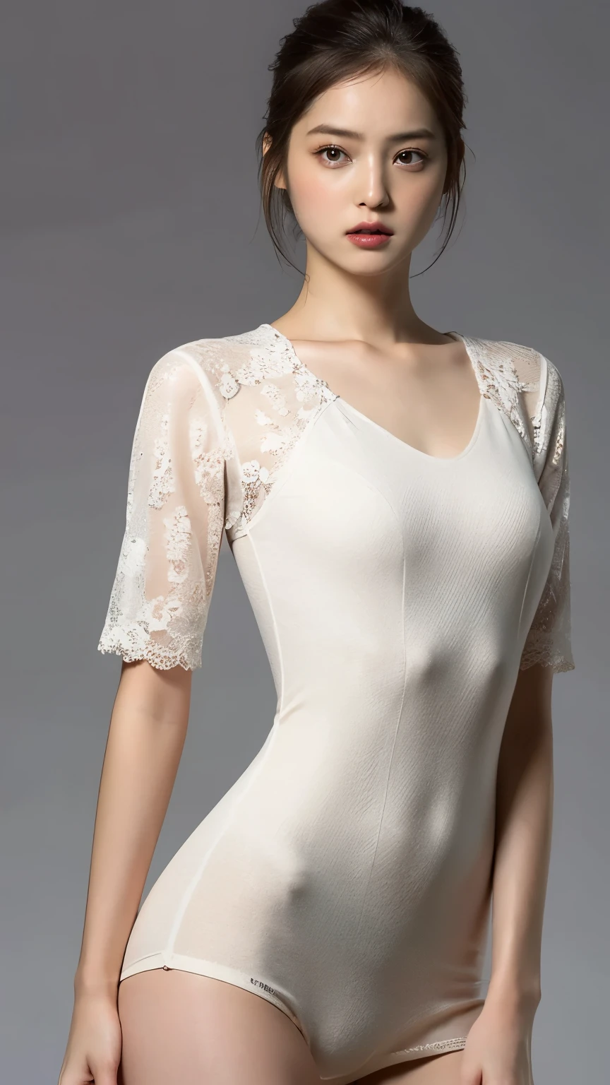 Highest quality,masterpiece,Ultra-high resolution,(Actual:1.4),Original photo,Ultra-high resolution,8K,There are also women,Fair skin、Transparent short-sleeved one-piece white dress
Long legs:1.5,Bright and beautiful,high waist,Flashy makeup,Gray background,