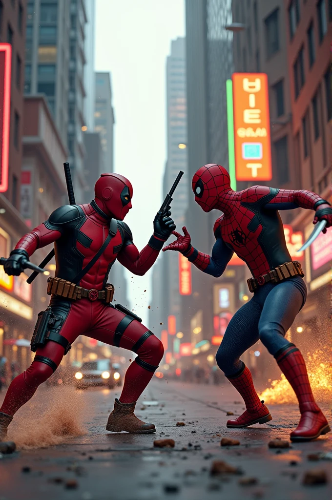 Create a video while deadpool and spiderman fighting