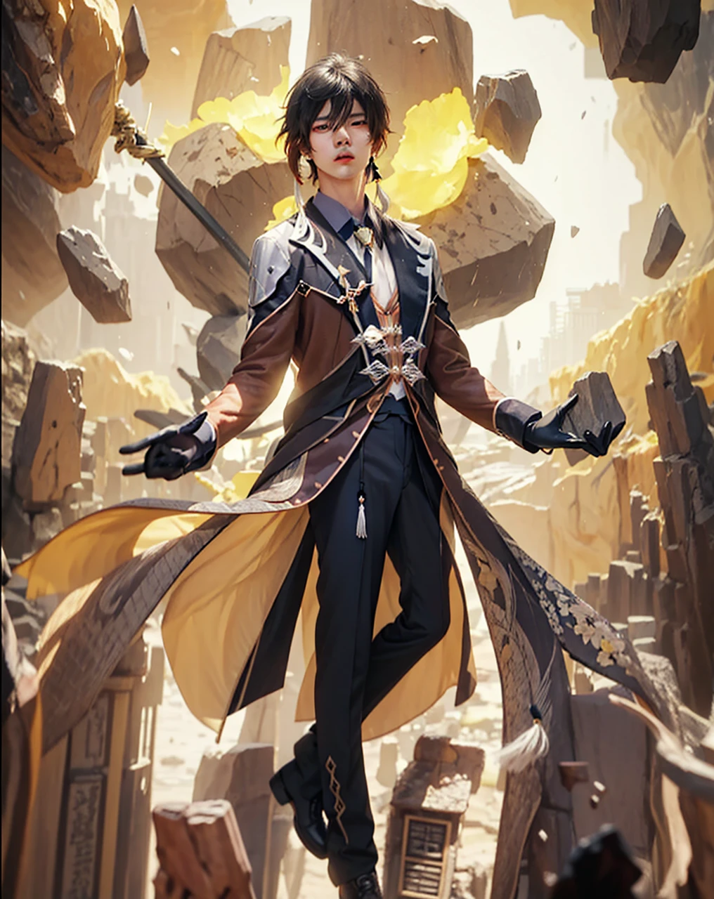 ((Zhongli morax_GENSHIN IMPACT)),((realistic, photorealistic)),(highlight hair)), Light reflection, (( HD )),((upper body)), (((best quality, masterpiece))), (masterpiece) (best quality) (detail) (8k) (HDR) (wallpaper) (cinematic lighting) (sharp focuasterpiece, best quality: 1.1), 1men solo, Zhongli, shadow,back light,Zhongli Spear genshin impact, sitting on a rock shaped like a larva's hand, a mountain rock ruin,Mountain rocks background,Stone-shaped hands, Real life adaption of this character, Asian teen beauty face, Shining Purple eyes, realistic outfit, realistic shadow, realistic light, realism, hyper realistic, realistic background,(photorealistic:1.2), masterpiece, best quality, 1boy, masterpiece, best quality, simple background, whole body, bangs, black_gloves, black_hair, brown_hair, gradient_hair, collared_shirt, earrings, eyebrows_visible_through_hair, formal, gloves, hair_between_eyes, holding, chinese_clothes, jacket, jewelry, long_hair, long_sleeves, male_focus, multicolored_hair, ponytail, single_earring, suit, tassel, tassel_earrings, whiskers, yellow_eyes, zhongli_\(genshin_impact\)best quality,masterpiece,absurbres,super-resolution,1boys,Zhongli \(genshin impact\),((long hair, black hair)),yellow eyes,calm,brown suit,white shirt,black pants,necktie,abs, 1boy, male focus,muscular, toned, pectorals, nipples, open mouth, solo, looking at viewer,gloves, solo, jewelry, male focus, earrings, tassel earrings, formal, ponytail, black gloves, tassel, long hair, single earring, looking at viewer, suit,Room background, glow effect, 1men solo, Zhongli, shadow,back light,Zhongli Spear genshin impact, sitting on a rock shaped like a larva's hand, a mountain rock ruin,Mountain rocks background,Stone-shaped hands,Floating cloak, spear sword, Flying,Glow effect,
