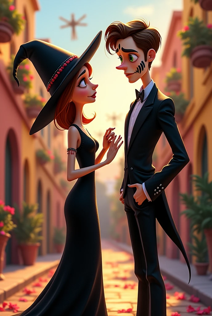Disney Pixar style cover of a tall woman, slim, white tea, short, very short light brown hair, big brown eyes dressed as a witch on the day of the dead, with a beautiful black dress and high heels and a tall man, delgado, white tea, light brown hair combed to the side and beard, green eyes 
