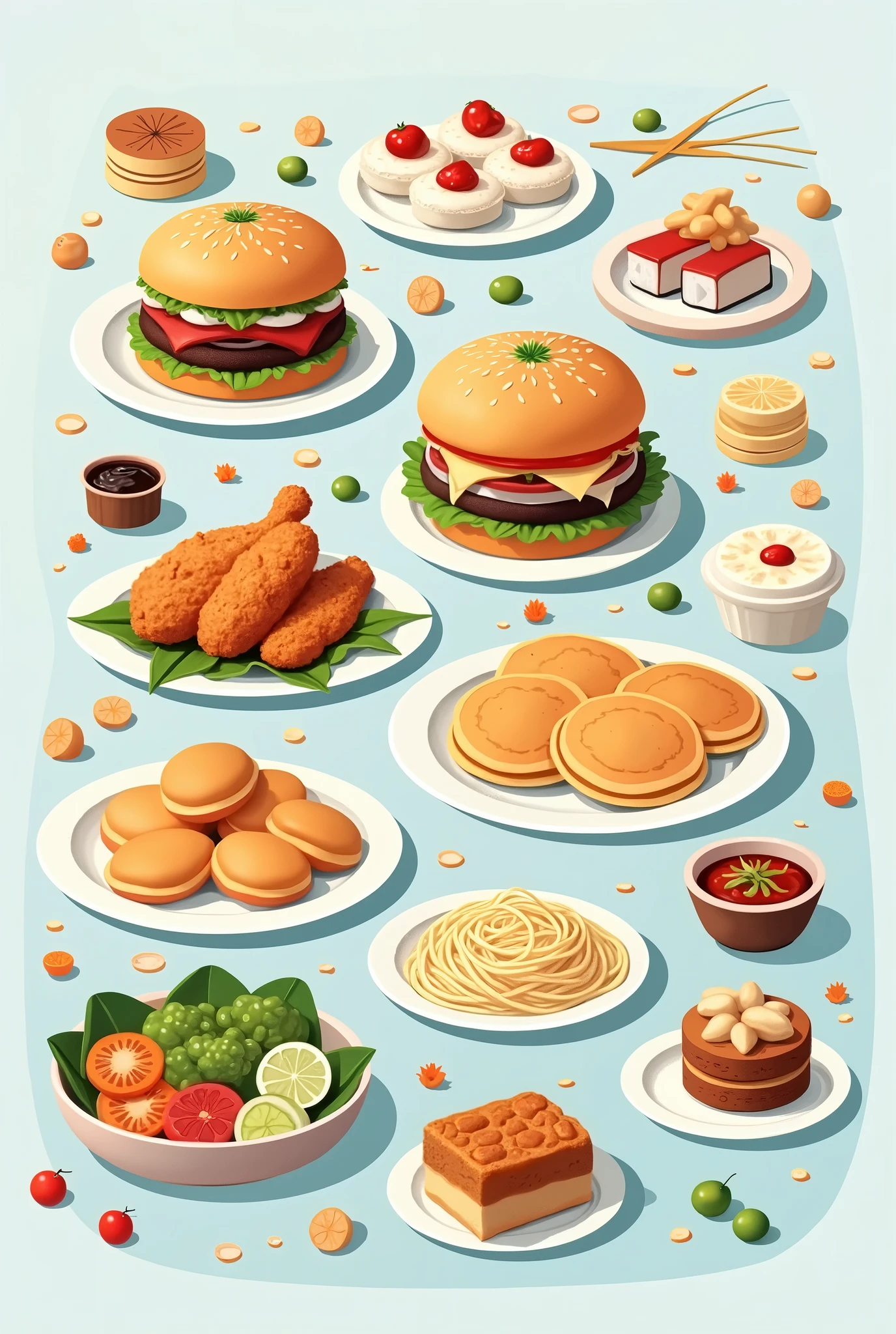 modern style,Flat设计,All kinds of food,Hamburger,sushi,steamed stuffed bun,Fried chicken,pancakes,cake,Hand-Pulled Noodle,Salads, etc.,Minimalist style,Non-realistic style,Flat,flat style,Cool colors