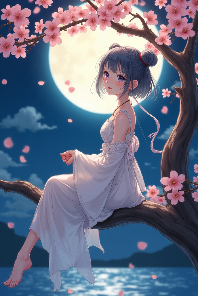 (Cute girl design:1.0125),(drawing,Outline,:1.3401), (best quality), (Masterpiece), Dancing is highly detailed, Exquisite rendering, illustration, (height), manuscript, nighttime_sky, (turn off_on:1.2), (turn off shot), (a young woman:1.3) is (sitting on the tree) ,notebook [[Smiling softly]], (darling_grey hair), a lot_long_hair,black, small double buns, (Beautifully detailed eyes), (conjunctivitis), floating ribbon, (peach blossom), flowers, (flower) tree, Petals on water, Floating Petals, [[full moon]] Ghost Spirit 