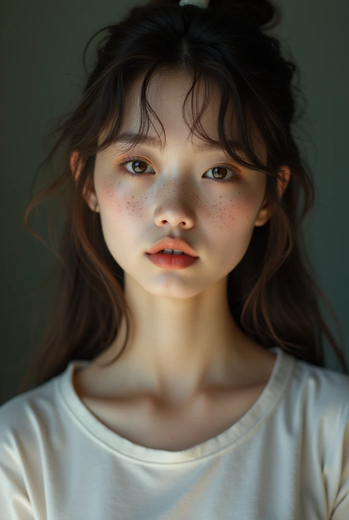 1 girl, idol, close up, clavicle, ,, photoshot, film, Depth of field, texture skin, t - shirt, rubber band, cowlick, long hair, Messy hair, freckles, porn, nakeness