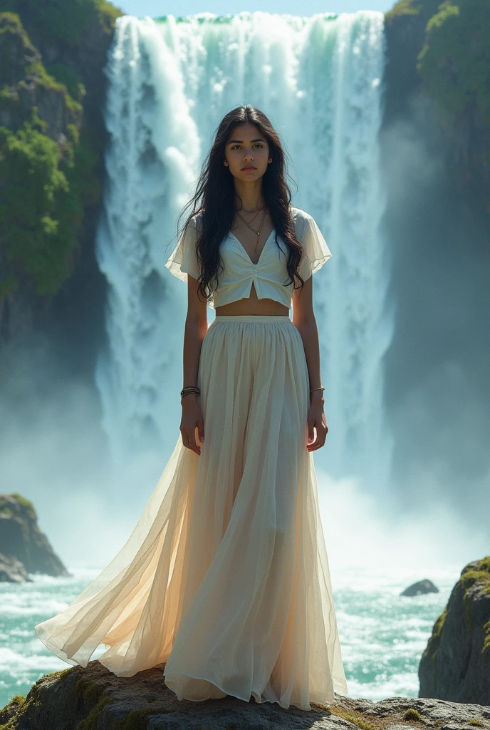 An Indian girl stands at the edge of a serene waterfall, her white blouse and transparent lehenga shimmering in the sunlight. The water cascades around her, creating an ethereal backdrop.
