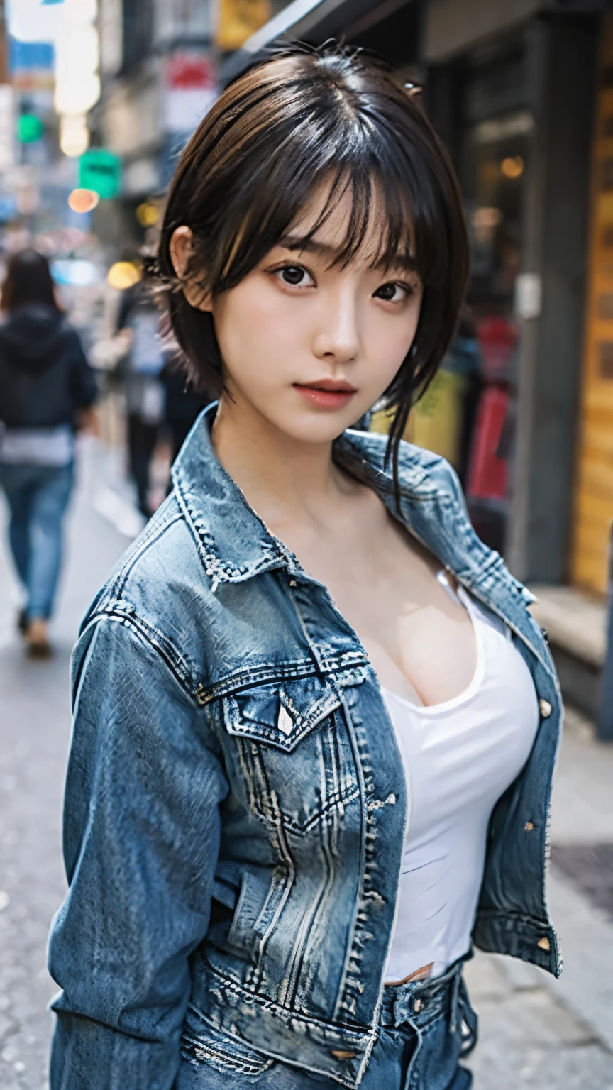 ((Mid-chest, Tomboy girl,)),  (Well-defined abs : 1.1), (Perfect body : 1.1), (Short Wavy Hair : 1.2) , Auburn hair, collar, chain, full-body shot, Crowded streets, Wearing a vest, Denim jacket, (The clothes are torn:1.3)((shorts)), (Extremely detailed CG 8k wallpaper), (extremely delicate and beautiful), (masterpiece), (best quality:1.0), (ultra high resolution:1.0),  Beautiful Lights ,Perfect Lightning, Realistic shadows, [high resolution], Delicate skin, Super detailed (((rich and colorful))),high realism,