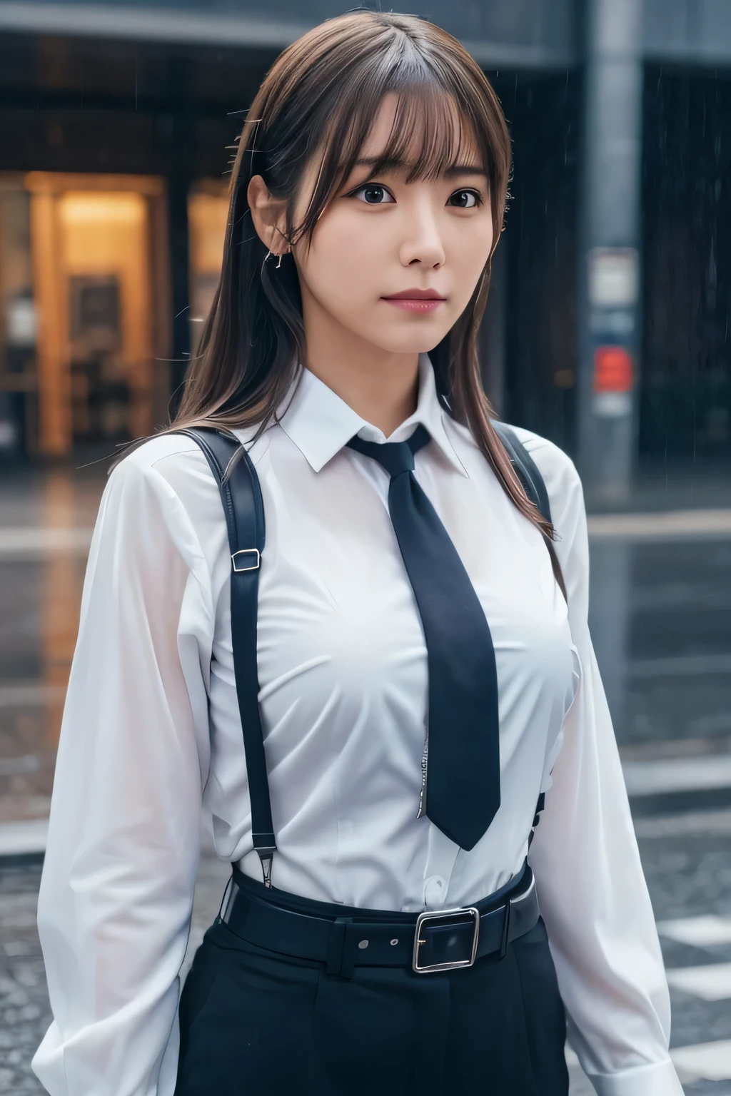 a woman in a suit, belt, hands behind back, sweating, suspenders, black pants, sexy, large breasts, see-through clothing, rain, heavy rain, detective, office worker, white button-up shirt, (best quality,4k,8k,highres,masterpiece:1.2),ultra-detailed,(realistic,photorealistic,photo-realistic:1.37),hyper-detailed,highly detailed face and body, スレンダー 細い サスペンダー 大きい胸 透けたシャツ