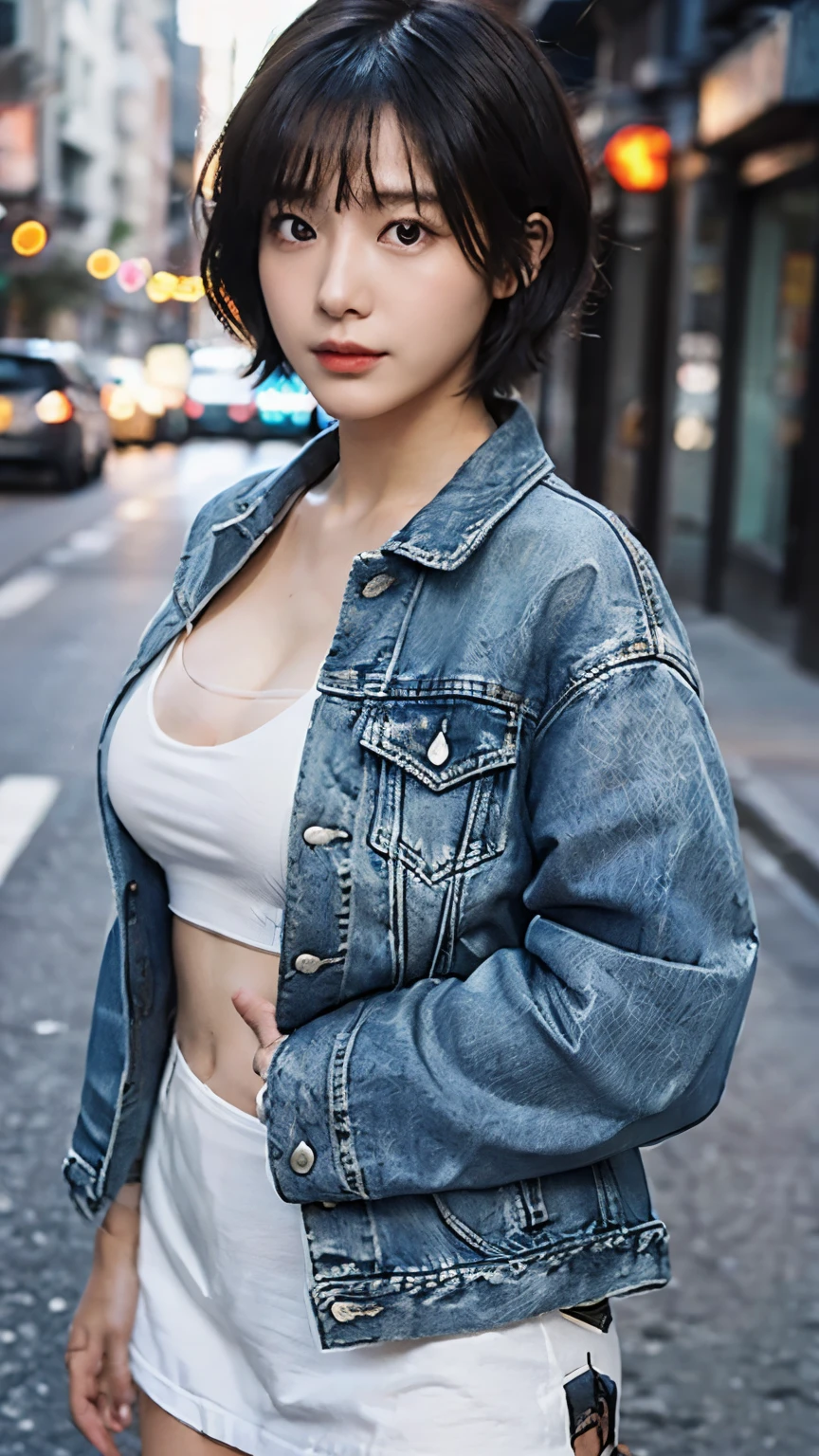Photorealistic, High resolution, Detailed Background, Beautiful skin in every detail, Detailed nose, Soft lighting, (Solo Shot:1.23), (Upper Body:1.1), Close-up shot, (focused on the chest:1.3), View your viewers, (((Nice hands, Perfect hands))), Clear Eyes,// Japanese women,Cleavage, Pale skin, Huge breasts, 20-year-old, // (((Wearing a modified denim jacket set-up.))),//short hair, Blue Hair, Street Snap, ((In-person audience)), on the road, ((Are standing)),