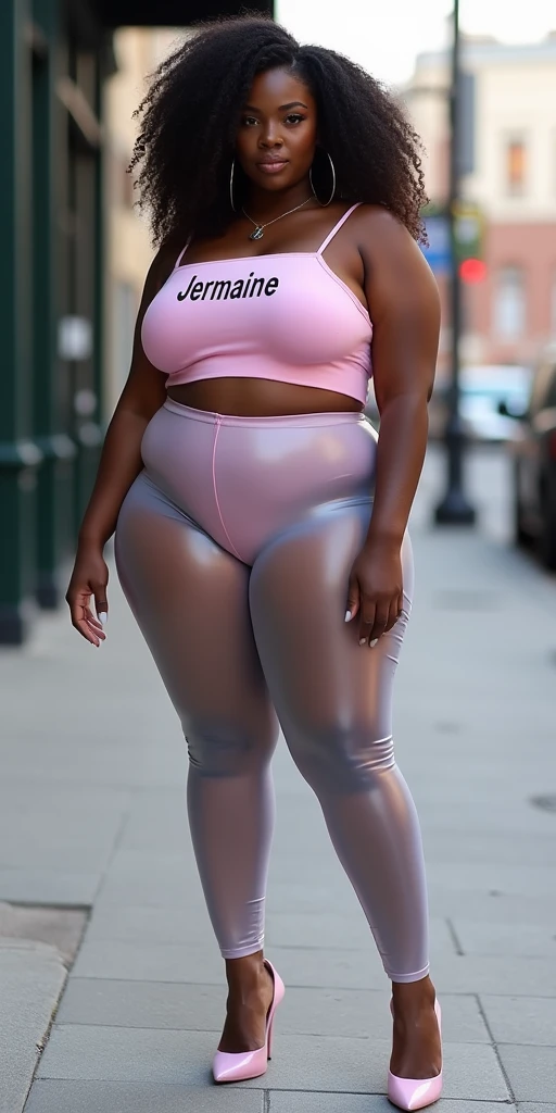 objective, MASSIVE BUTTOCKS, translucent plastic leggings, UHD, She's a dark skin melanin Queen with tiny paper-thin waist, city sidewalk, side body, ppastel blouse says "Jermaine", best quality, swanky hair, High resolution image, no nudity