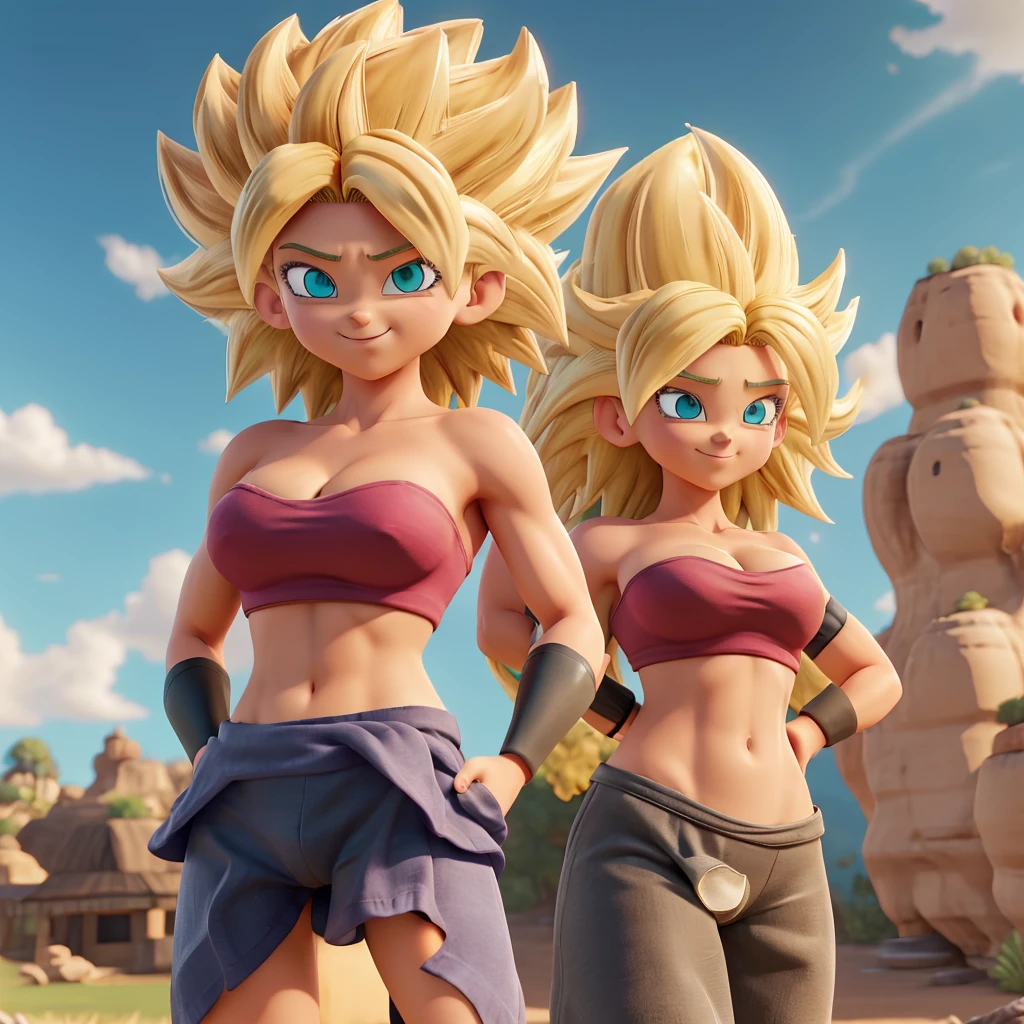 masterpiece, best quality,  ssjcaulifla, blonde hair, aqua eyes, top underboobs medium breasts , black thong pantie , bracers, cowboy shot, looking at viewer, smile, furrowed brow, hands to hips, sky, clouds