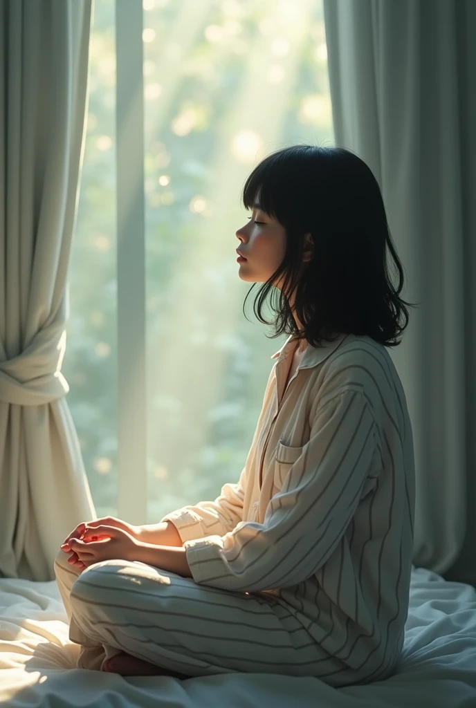 Create an image of a mother with medium-length black hair in striped pajamas listening to God speak to them