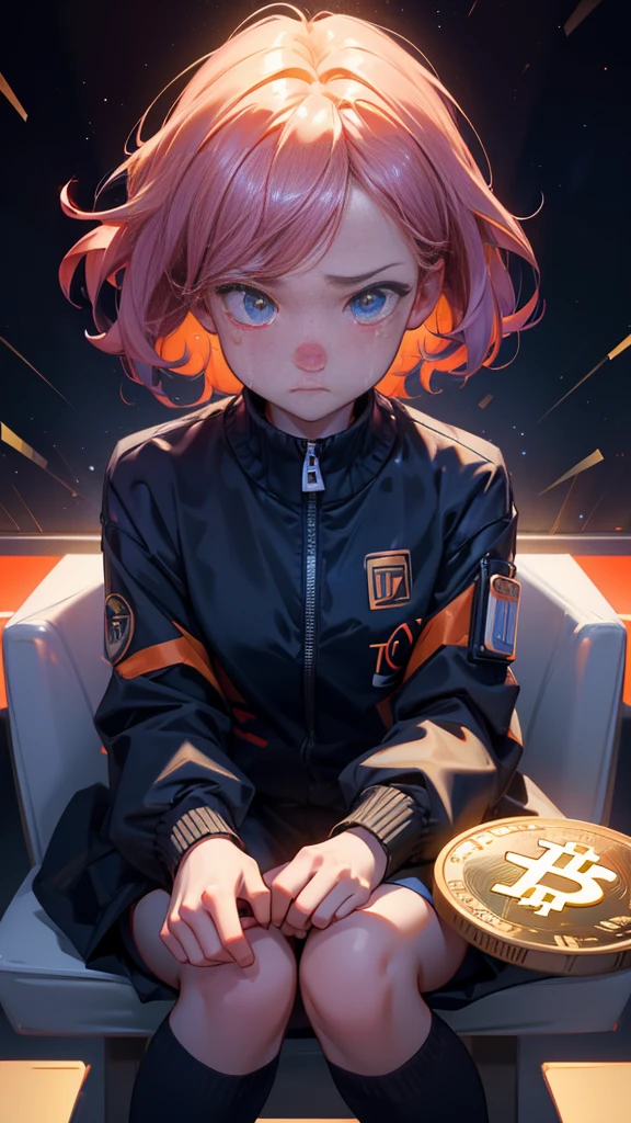 a close up of a girl in a suit sitting at a table with shocked face, with stack of bitcoins, crying face, facing a big loss, Shockwaves are coming out, 🚀🚀🚀, bitcoin evil, crypto, cryptocurrency, crypto valut, cryptocurrency in the background, satoshi, giant crypto vault, youtube thumbnail, 🔞🤡, typical cryptocurrency nerd, cg art, 🚀🌈🤩, daoshi, 32k, 3 2k