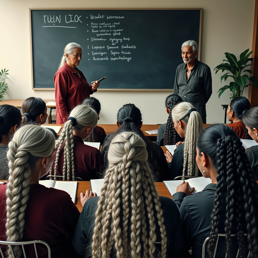in luxerius school items sorrounded bright lighted modern indian classroom,two 65 years old indian teachers and their 65 years old fourteen eldery lady students,While cornrow braided two teachers are teaching conrnrow braided studednts are studying keeoing their heads on the table,viewer can see different colors of conrow braided theirs hairs with black,white,black and white,brown,gray and black,gray,silver likewise exact as per image prompt,,Therese cornrow braided are in ponytailed and raluzel bushy from ponytailes as per image prompt,Their braided head scalps also can be see nicley,hese ladies are with dress in as per image prompt,all four of them,with their hairs respectively gray-black color for the all eldery ladies hairs in as per image prompt,their long,conrowed braided hairs spills on the floor to the viewer's,red lipsstick,natural tongues pulled out,licking the kneeled lady' eldery gray-black conrow braids like she is being raped excat in prompt,These all four ladies' faces are with showing full of sexual wildness showing out from their faces exact as in image prompt,Their eyes are fullfill with sexual wildness with raping hair braids as per the imahe prompt,(Show me their tongues,long tongues,1.4) styled with 100000 liters hair oil,hairs like viscus oiled pulp,slick combed hair lines highly visible,{{{{Ladies wears perfect dresses in perfect busty}}}},{{{{{NSFW}}}}},{{{{{{Hairs highly soaked}}}}}},{{{Hairs Drenched in water}}}}},{{{slick combed hair lines}}}},{{{{Hairlines reflecting shinning like mirrors with water}},{{{{{Showcase full bodies perfect figures}}}}},{{{{{High resolution perfecr color grading}}}}}},{{{Perfect cornrow braided hairs on all three ladies exactly in image prompt}}}}}}},((((((((Generate ethnicity as indian aged eldery sexy build ladies))))))))),((((((Generate wildness poses where shows the elderity and maturity of the sexually wildness and extremly extremly wildness in to hair licking by their tongues exatly as image prompt))))