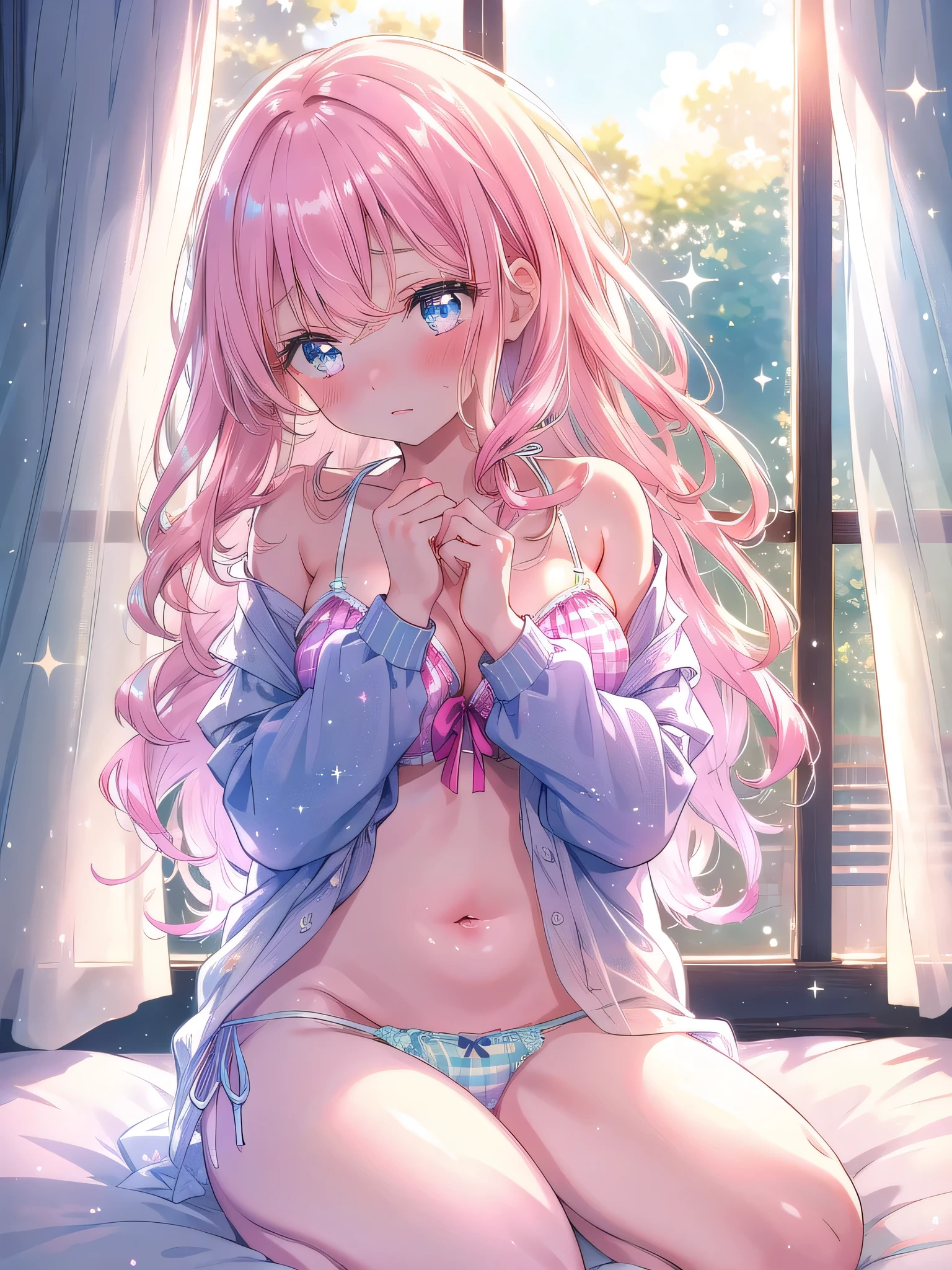 ((8k, Highest quality, masterpiece: 1.3)),Ultra-high resolution,(1 girl, alone), (Color changing eyes, Ultra-detailed, Expressive brilliance, Glitter, Glowing Eyes), Highly detailed eyes, Highly detailed face, Random Hair, ((pastel colour)),A shy young woman with pastel pink hair styled into loose curls, sitting on her bed in her softly lit bedroom during the gentle light of early morning. She is wearing a light blue bikini, and as she nervously looks down, (she puts her hands inside her bikini panties, adjusting them with a slightly embarrassed expression). The camera captures her from a side angle, focusing on her blushing cheeks and the delicate way she adjusts her bikini, with the soft morning light filtering through the curtains, creating a calm and intimate atmosphere in the room.(hans in bikini panties:1.3)