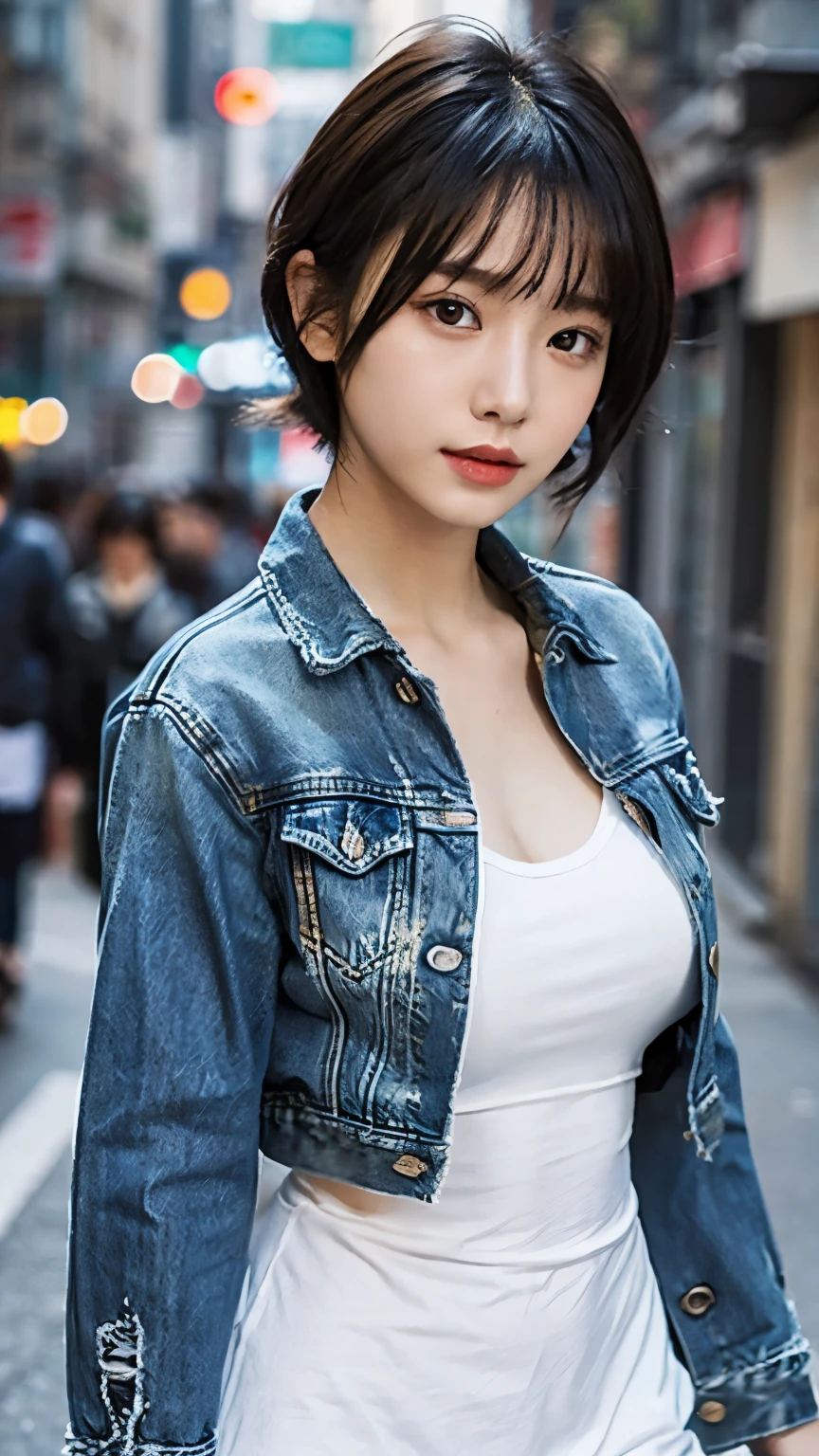 Photorealistic, High resolution, Detailed Background, Beautiful skin in every detail, Detailed nose, Soft lighting, (Solo Shot:1.23), (Upper Body:1.1), Close-up shot, (focused on the chest:1.3), View your viewers, (((Nice hands, Perfect hands))), Clear Eyes,// Japanese women,Cleavage, Pale skin, Huge breasts, 20-year-old, // (((Wearing a modified denim jacket set-up.))),//short hair, Blue Hair, Street Snap, ((In-person audience)), on the road, ((Are standing)),